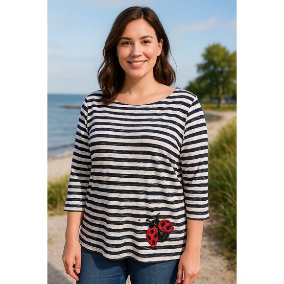 Talbots Striped Sequin Ladybug Top Black White Red 1X Nautical Resort Preppy - Picture 1 of 9